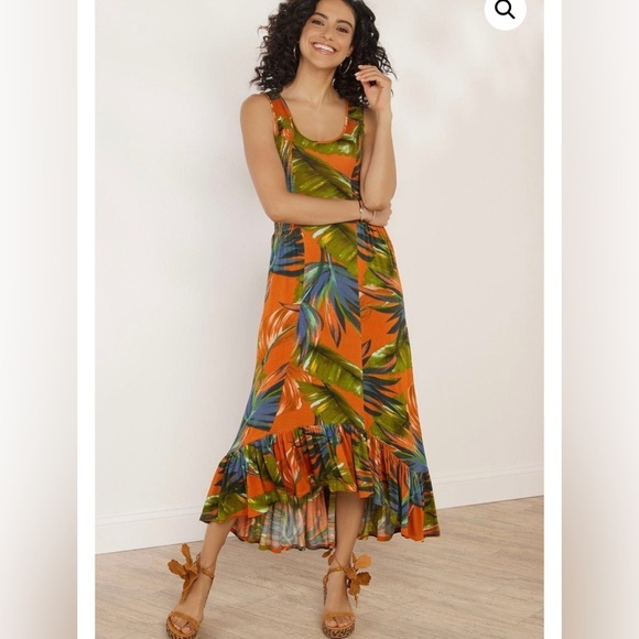 Soft Surroundings Fabiana Tropical Print Ruffle Hem Shirred Maxi Dress Small - Picture 3 of 10